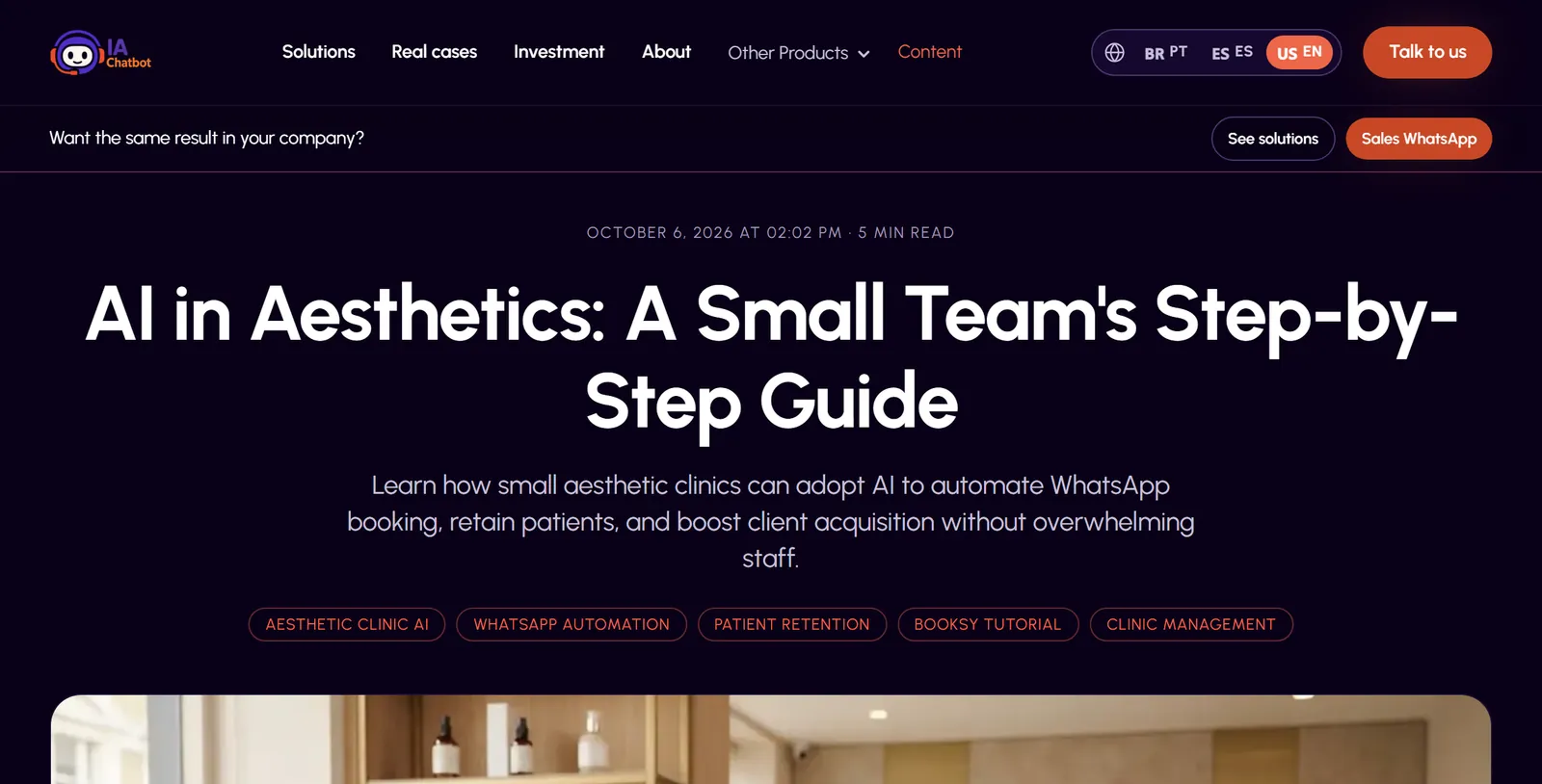 Top of the article “AI in Aesthetics: A Small Team's Step-by-Step Guide” on the IAChatbot blog, published on October 6, 2026.