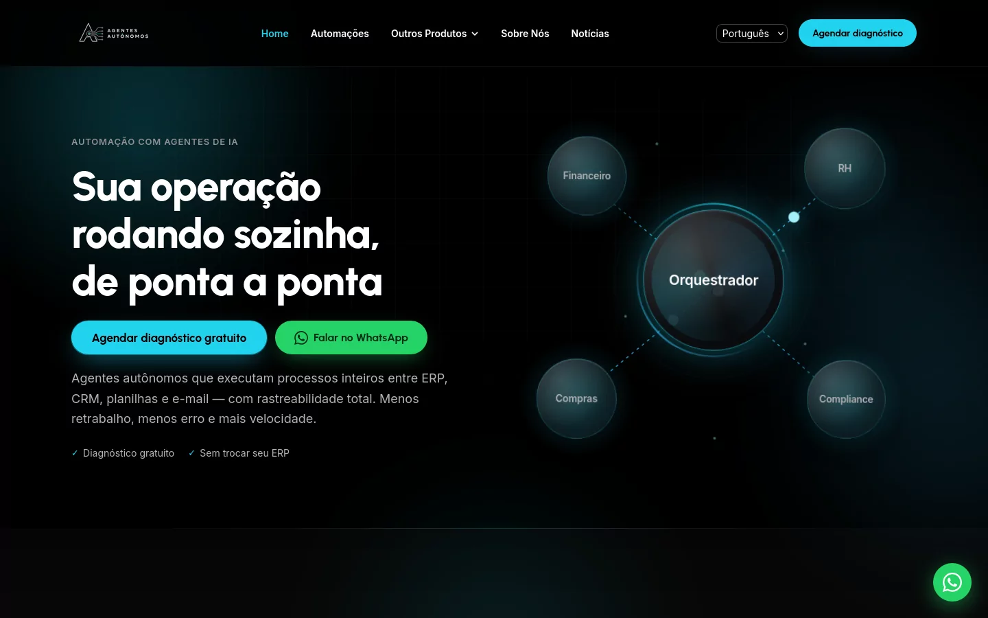 Página de inicio de agentesautonomos.com.br el 13 de octubre de 2026, en portugués: “Sua operação rodando sozinha, de ponta a ponta”.
