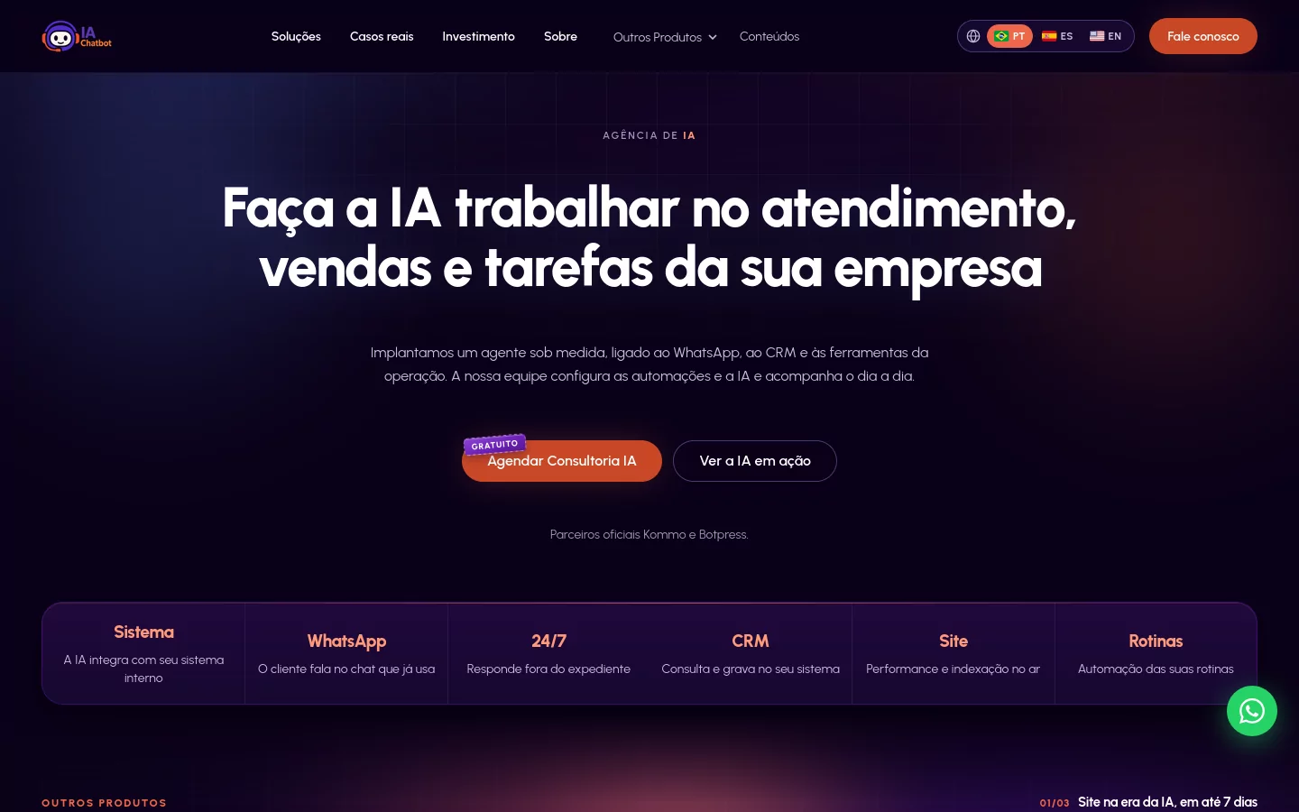 Página de inicio de iachatbot.com.br el 13 de octubre de 2026, en portugués: “Faça a IA trabalhar no atendimento, vendas e tarefas da sua empresa”.