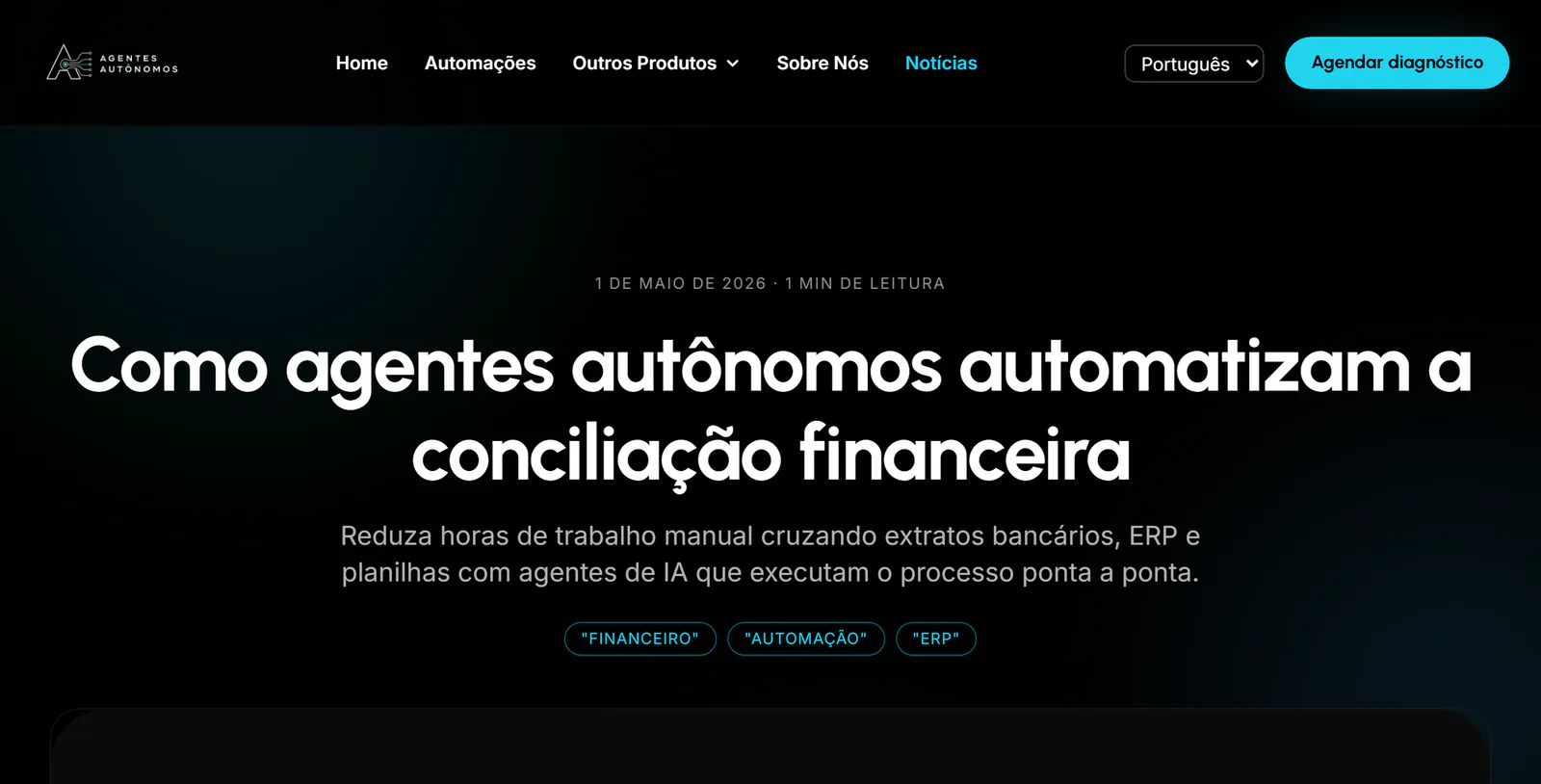 Parte superior de un artículo en portugués sobre agentes autónomos en la conciliación financiera, en el sitio de Agentes Autônomos, publicado el 1 de mayo de 2026.