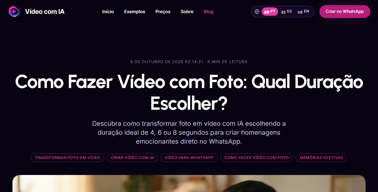 Parte superior de un artículo en portugués sobre la duración de un vídeo hecho con fotos, en el blog de Vídeo com IA, publicado el 8 de octubre de 2026.