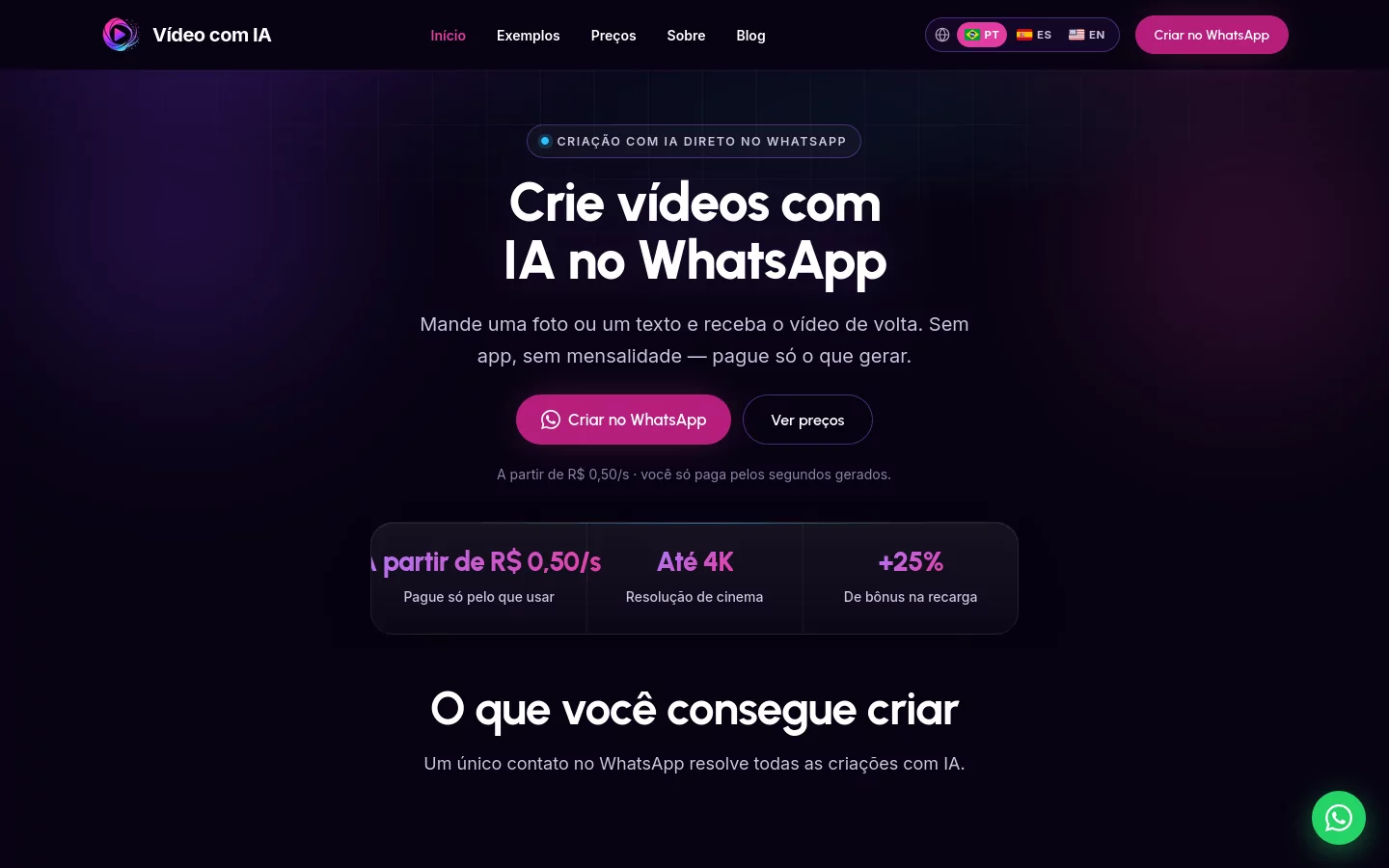 Página de inicio de videocomia.com el 13 de octubre de 2026, en portugués: “Crie vídeos com IA no WhatsApp”.